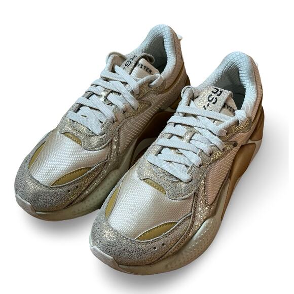 PUMA RS-X‎ Womens 9.5 Winter Glimmer Running Exercise Lace Up Sneaker Gold Glam - Picture 1 of 9